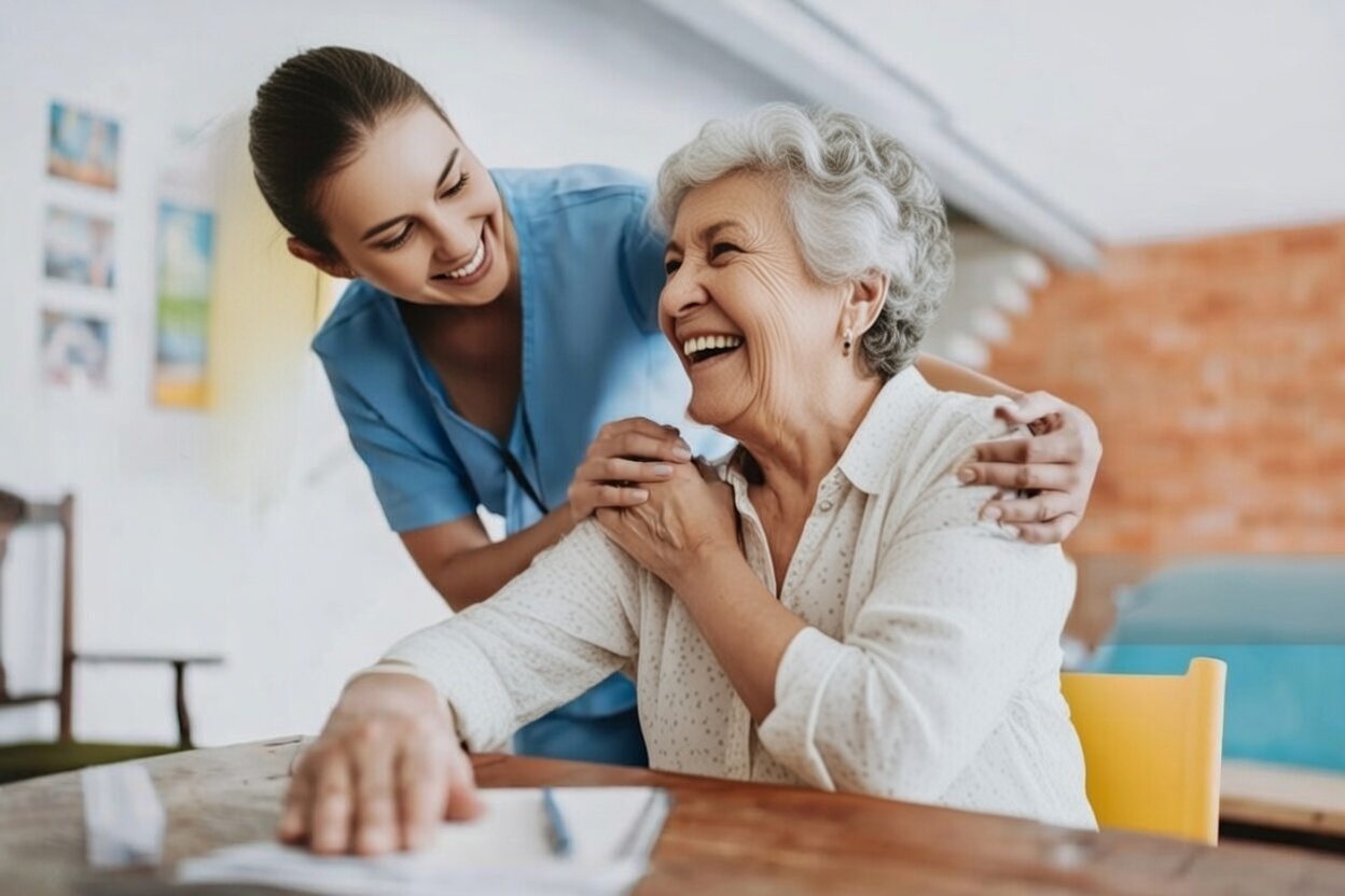 Zorgprofessional helpt cliënt thuis